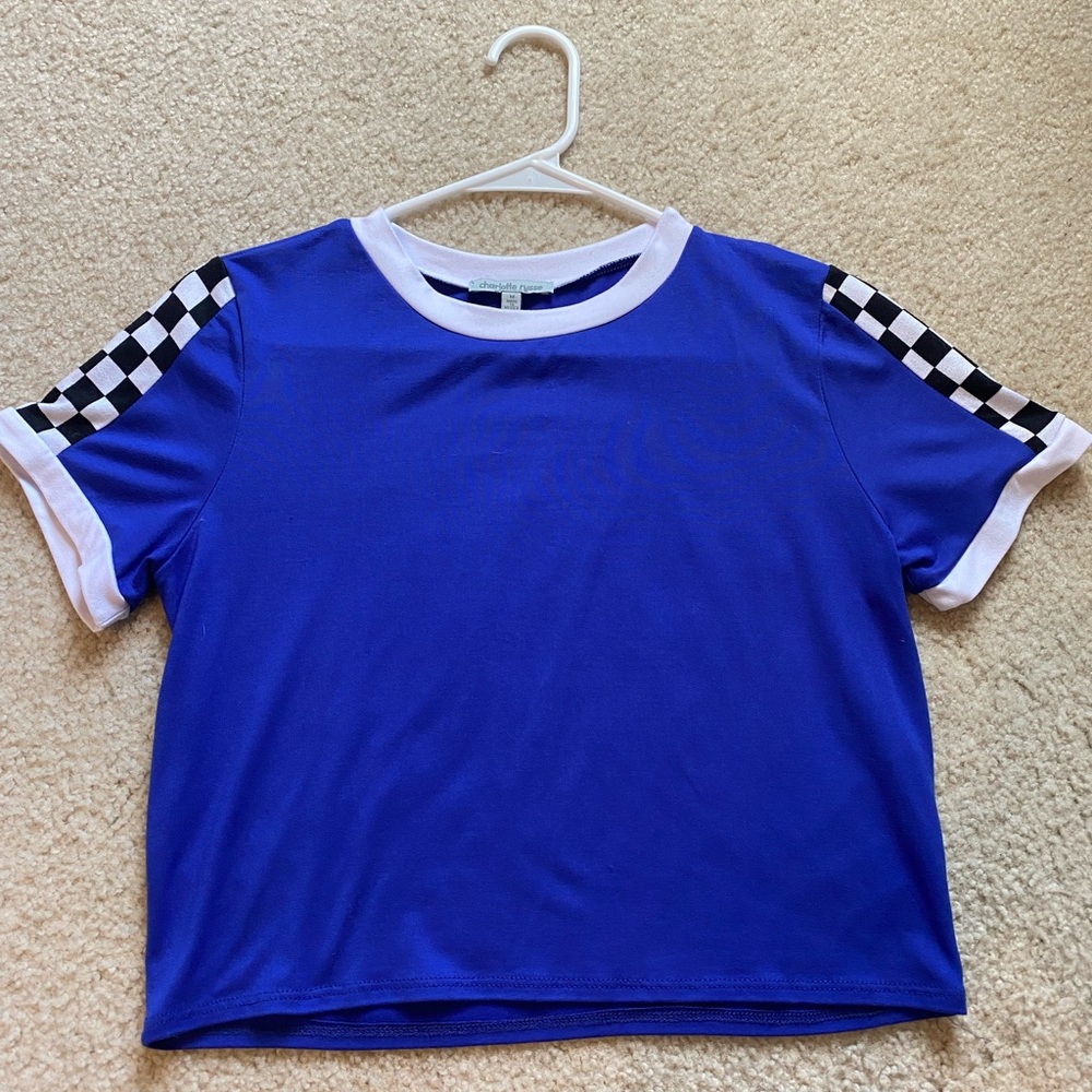 Royal blue shirt with checker print sleeves